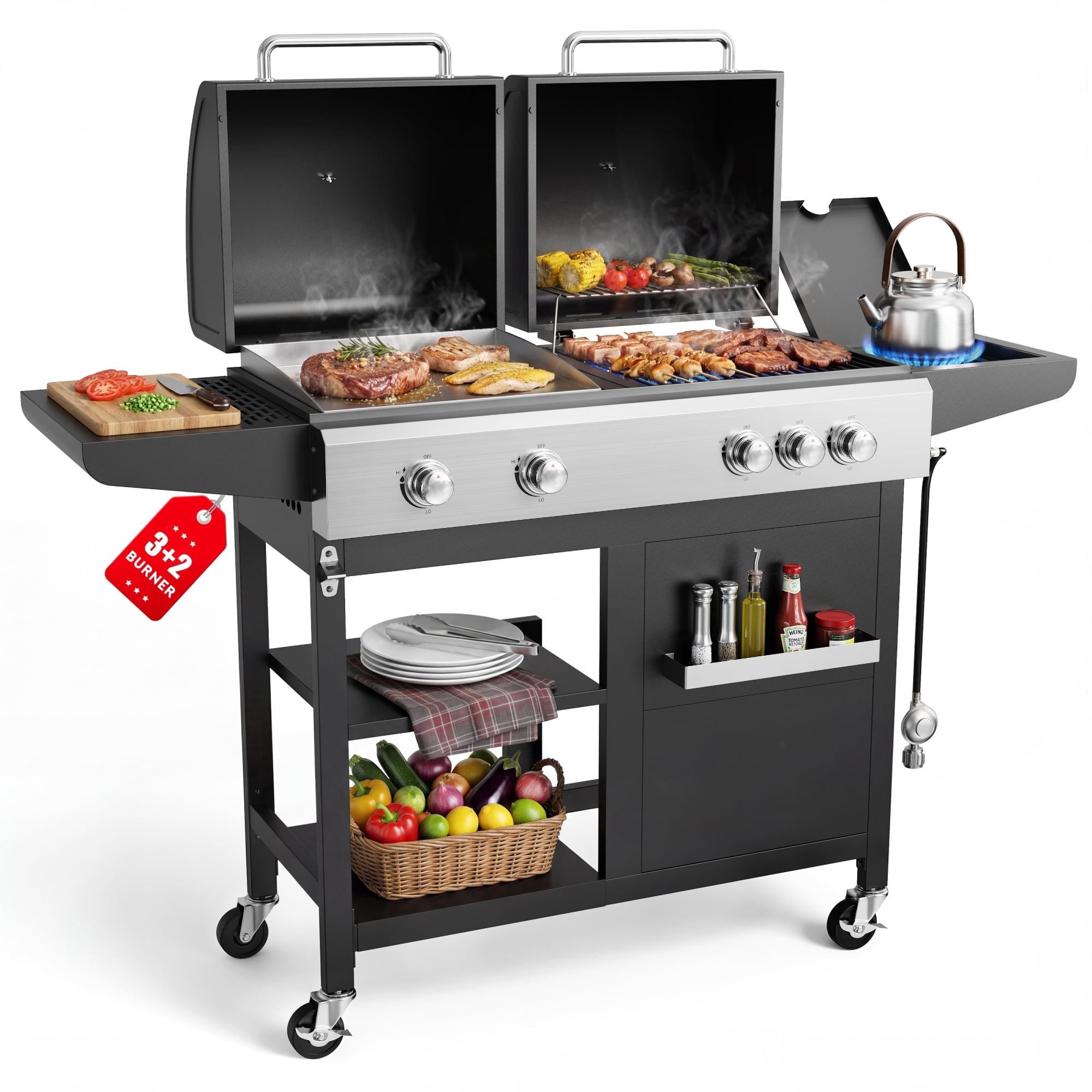 Biotree 5-Burner Propane Gas Grill and Griddle Combo, 54,000 BTU Dual Fuel BBQ Grill with Side Burner for Backyard, Patio Outdoor Cooking & Entertaining
