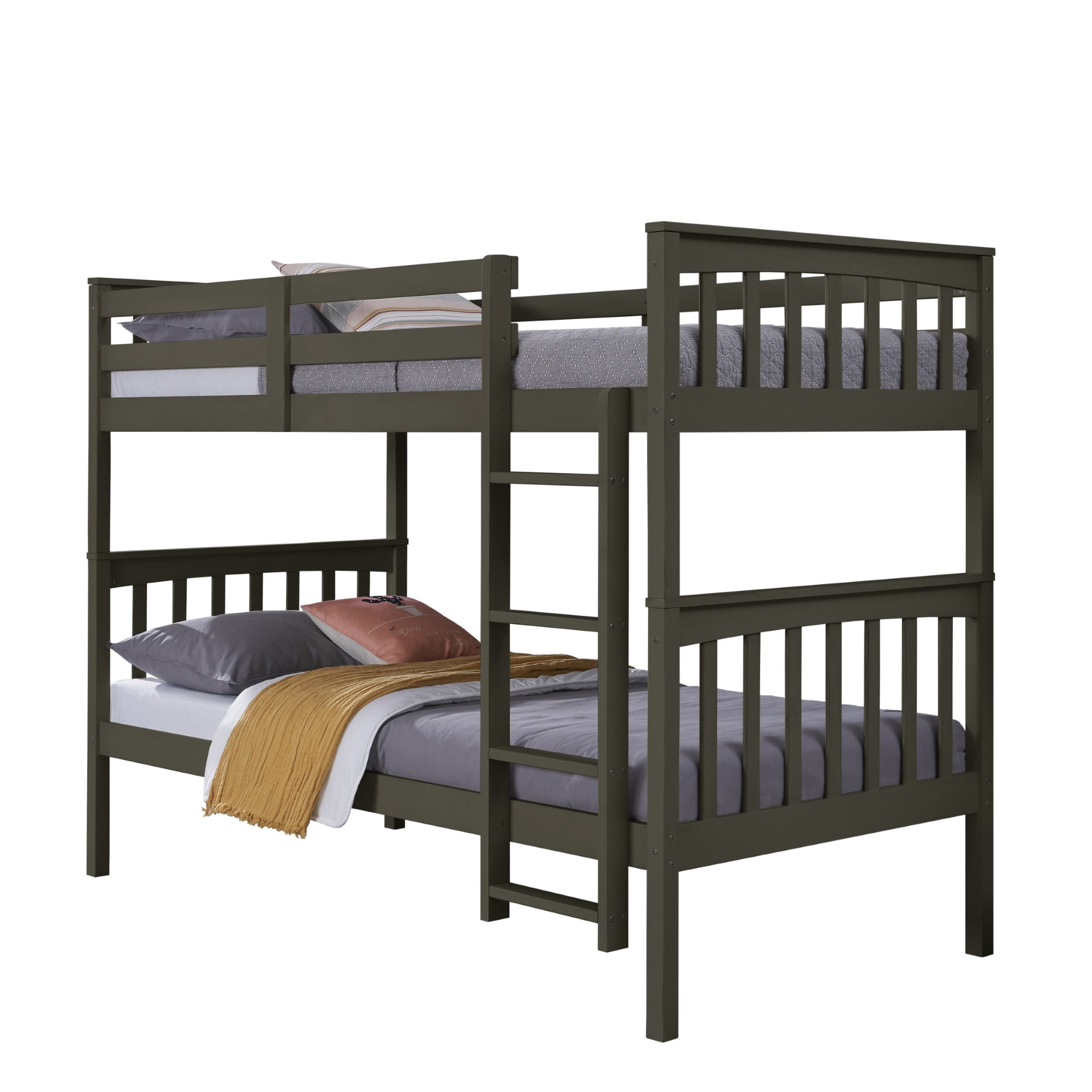 Home Design Ames Twin Over Twin Solid Wood Bunk Bed Frame, Convertible, Sturdy Guardrails, Dark Gray, Easy Assembly