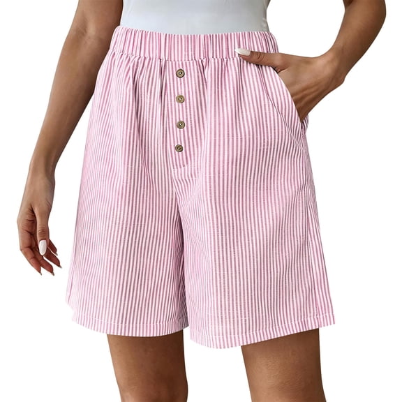 Qgtaibl Elastic High Waist Striped Shorts for Women Cotton Linen Gauze Breathable Lounge Shorts Button Front Loose Fit Summer Shorts with Pockets Pink M
