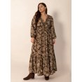 thumbnail image 2 of Women's Plus Size Printed V Neck Balloon Sleeve Maxi Dress with Ruched Sheer Overlay 100% Polyester Fabric for Everyday, 2 of 9