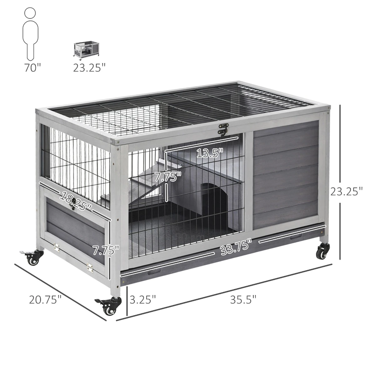 Pefilos 35.5" Wooden Rabbit Hutch for Indoor with Ramp, Removable Tray and Universal Wheel, Small Animals Habitat Bunny Enclosure, Gray