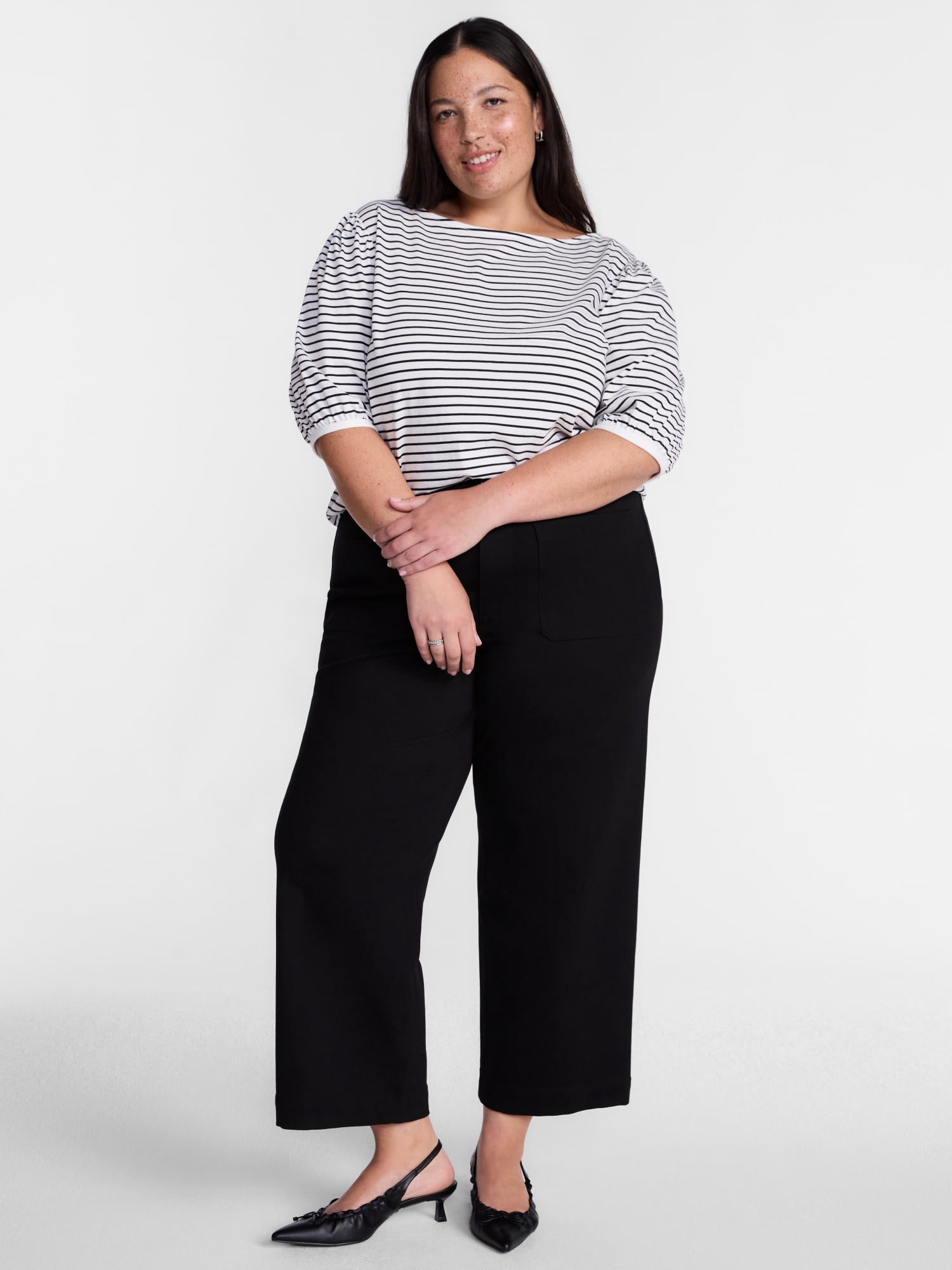 Terra & Sky Women’s Plus Dropped Shoulder Top with Elbow Length Puff Sleeves, Sizes 0X-5X