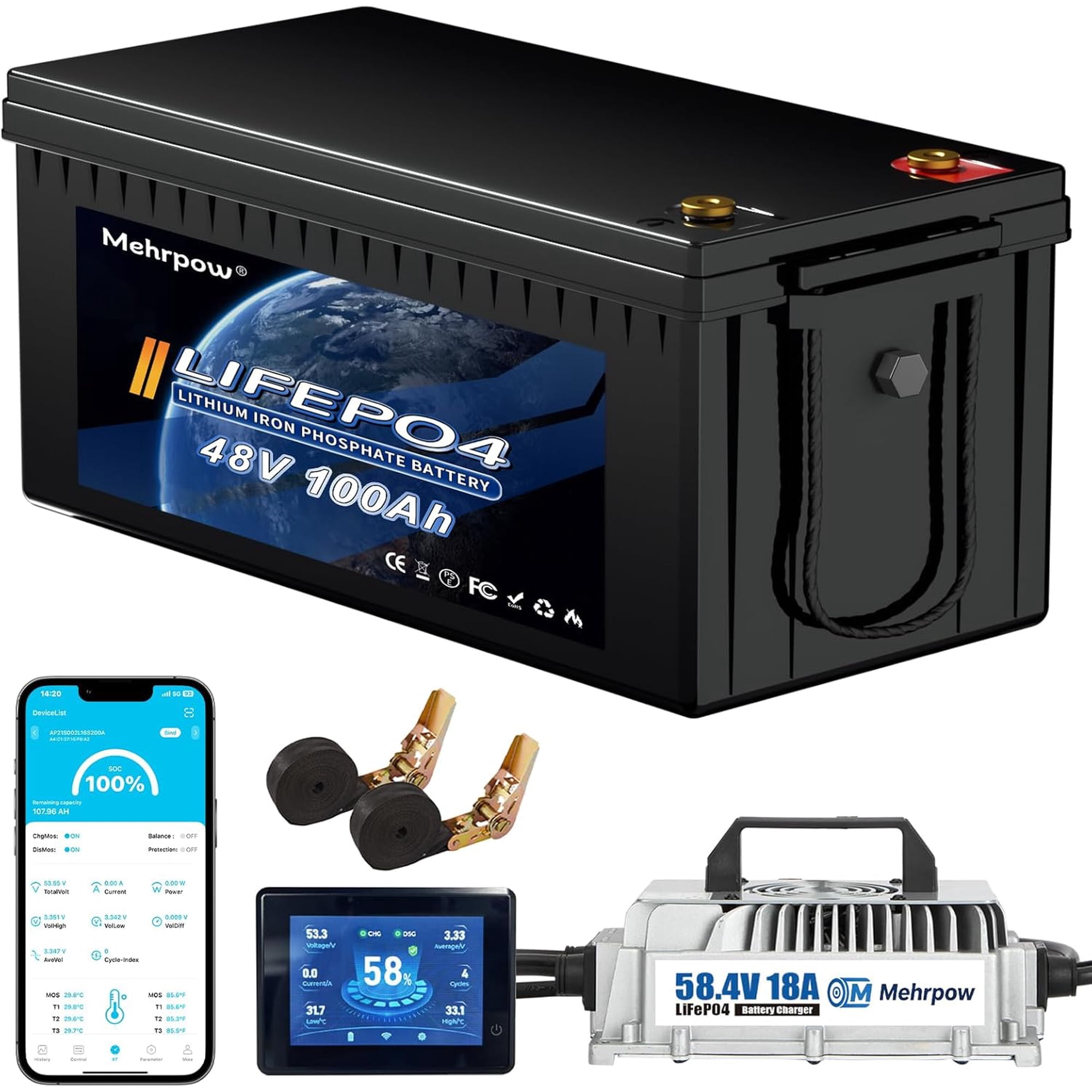 48V Lithium Battery Golf Cart Batteries Kit with Smart 200A BMS 58.4V 18A Charger Touch Monitor & Mobile APP 10000 Rechargeable Cycles 48V 100Ah LiFePO4 Battery for Solar RV and Off Grid Applications