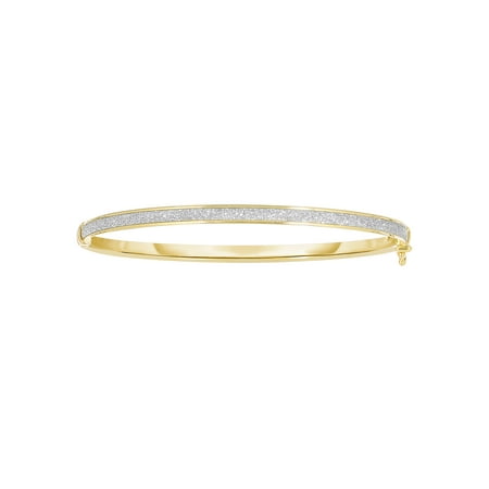 14K Yellow Gold 3.82mm Shiny Oval Shape Bangle with Side Clasp+White Glitter