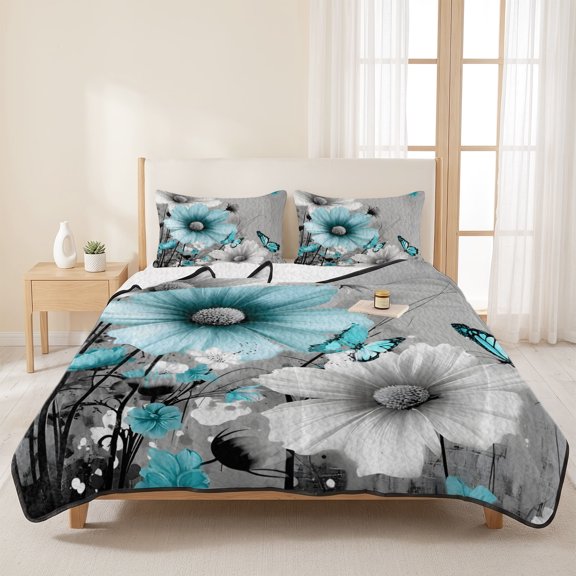 3 Pieces Queen Quilt Set,Blue White Daisy Butterfly Soft Bedding Sets with 1 Quilt & 2 Pillow Shams,Floral on Gray Background Summer Bedspread Lightweight Coverlet Comforter