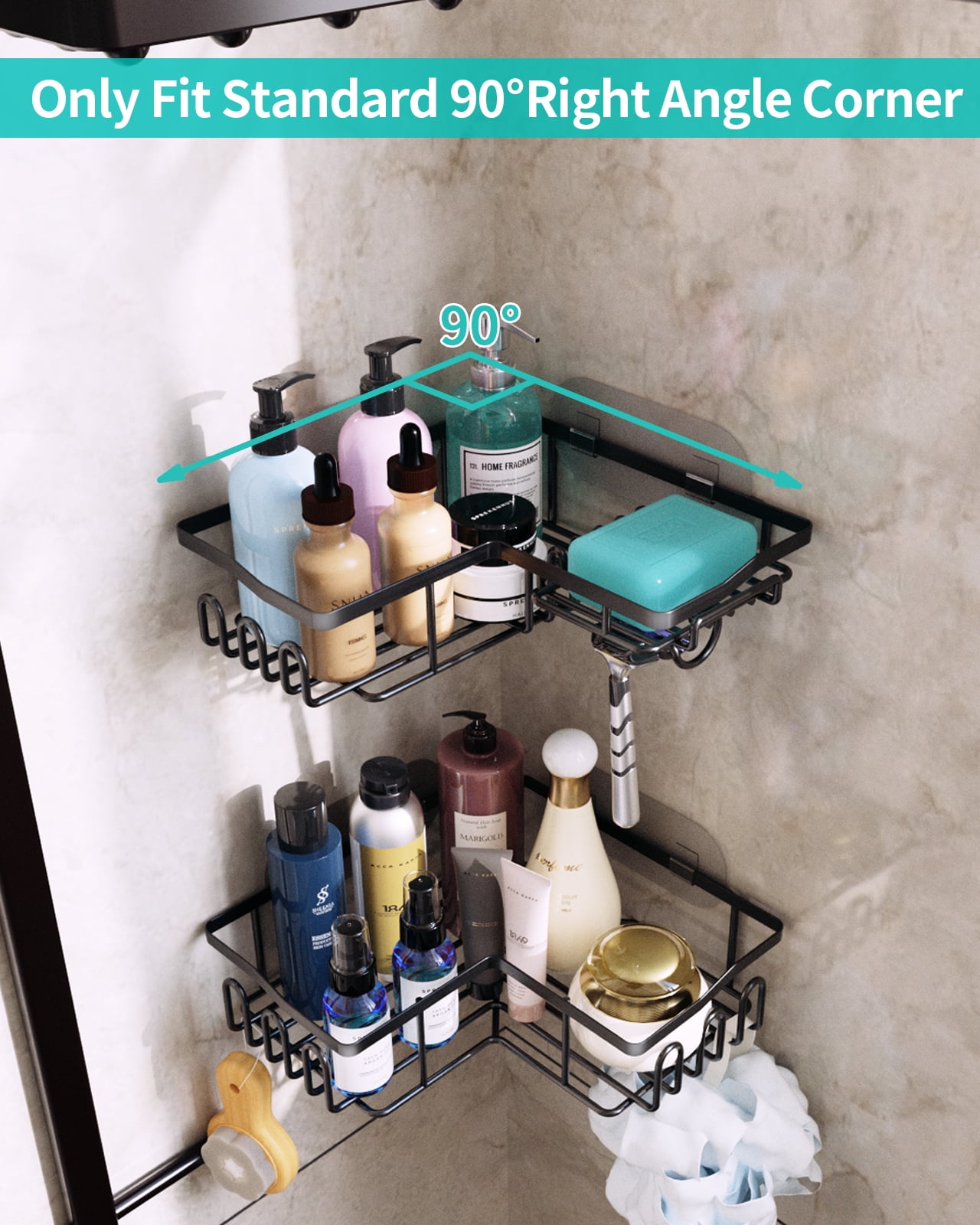 Iperlife Corner Shower Caddy Gold, Adhesive Shower Shelf Corner Shower  Organizer with Hooks, 2-Pack Wall Mounted Bathroom Shelf for Inside Shower