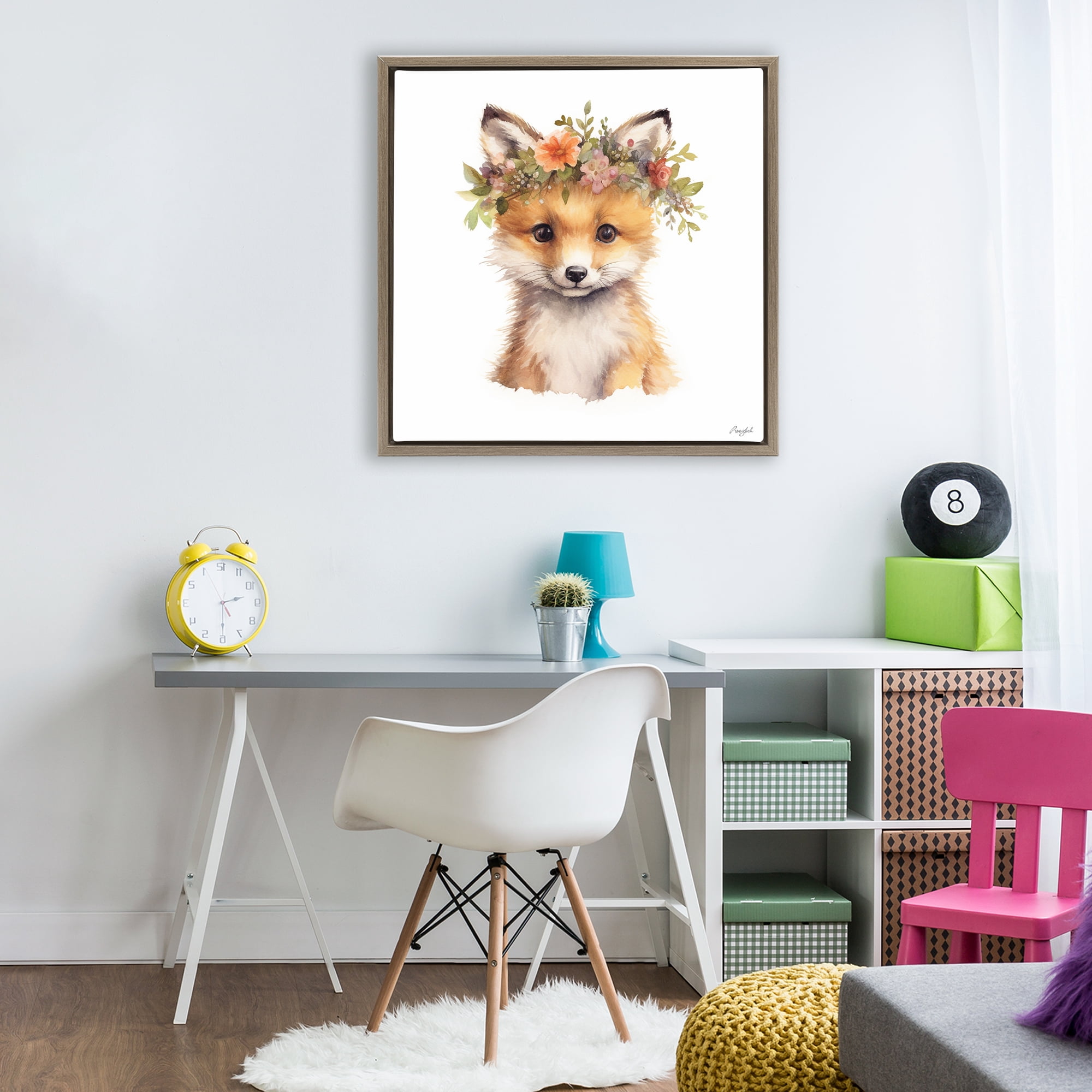 Stupell Industries Woodland Fox Flower Crown Brown Framed Floater Canvas Wall Art, design by Roozbeh