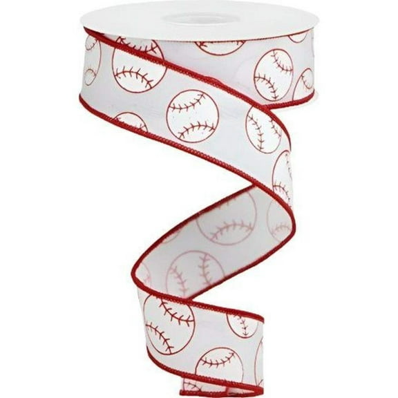 Sports Glitter Wired Ribbon - 10 Yards Baseball, White, 1.5"