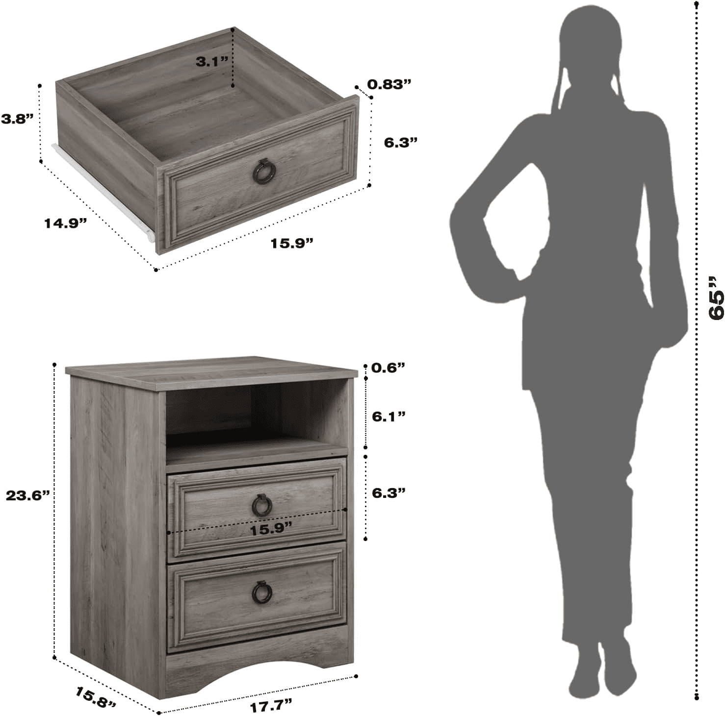 LGHM Nightstands Set of 2 with Charging Station & LED Light, Bedside Table with 2 Drawers for Bedroom, Living Room, Gray