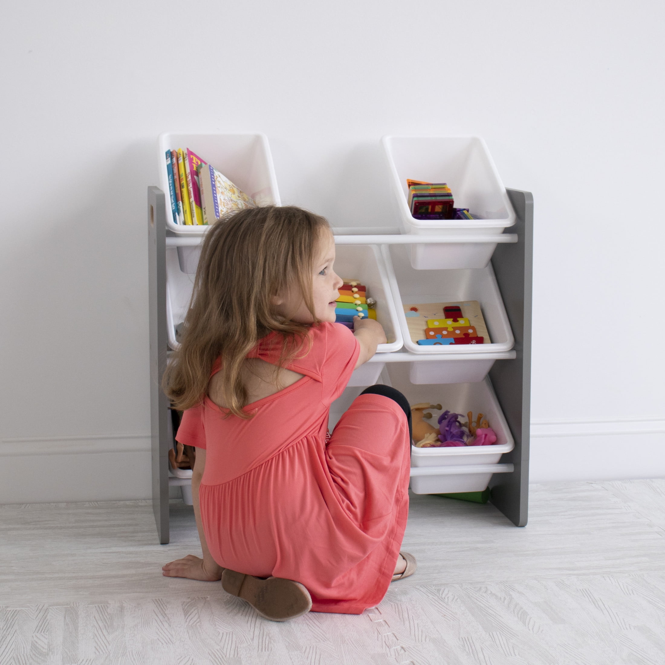 Humble Crew Kids Toy Storage Organizer with 9 Plastic Storage Bins, Grey/White
