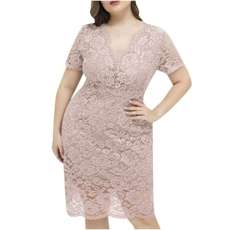 

Formal Dresses for Women Prom Dress Fashion Women Sexy Plus Size V Neck Short Sleeve Plain Lace Dress Party Dress Summer Dresses for Women 2022 Valentines Dress Summer Savings Pink 3XL