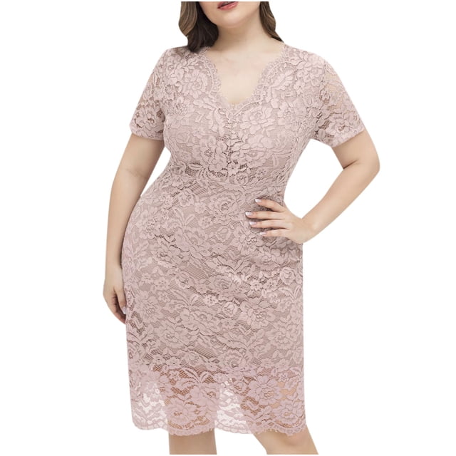 Fridja Robe en Dentelle Unie à Manches Courtes et Col en V pour Femmes Robe de Soirée