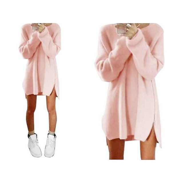Femmes O-Cou à Manches Longues Pull-Over Robe Ourlet Haut-Bas Côté Fermeture Éclair Robe en Tricot en Vrac