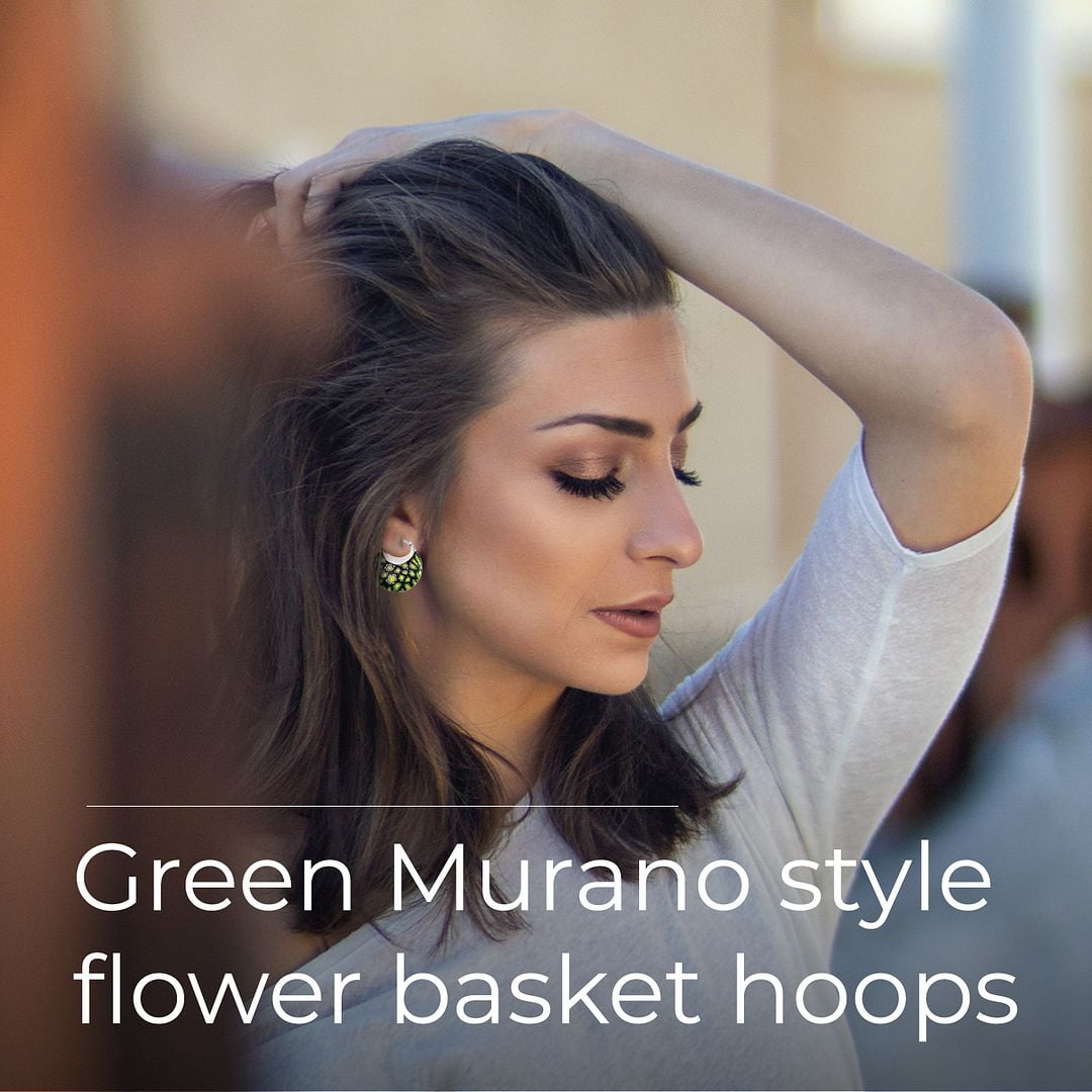 Shop LC Green Murano Style Millefiori Glass Hoop Earrings for Women Daisy Flower Stainless Steel Jewelry Trendy Gifts for Women Ct. 30 Birthday Valentines Day Gifts