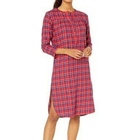 

Womens Flannel Plaid Cotton Nightgown with Front-Button-Long Sleeve