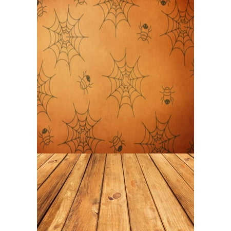 GreenDecor Polyester Fabric 5x7ft Halloween Photography Background Light Brown Wood Floor Spiders Web Photo Backdrop for Pictures