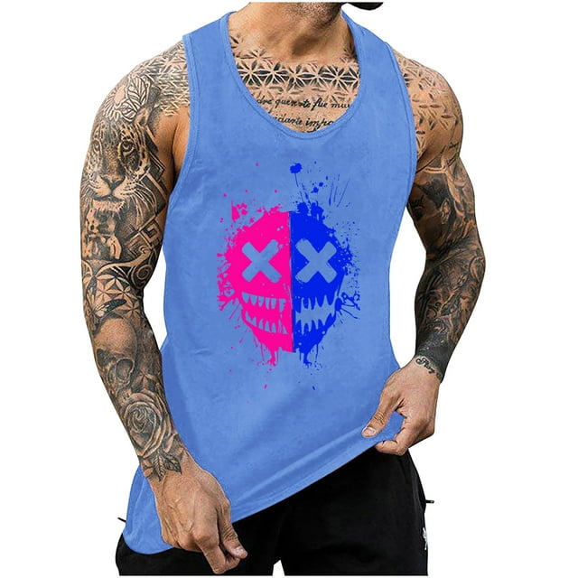 Hyknon Tank Tops Men Débardeur Imprimé Dégradé Incolore Col Rond Fines Bretelles Dos Fuyant Régulier Décontracté Sports Débardeurs Mode Été Doux Respirant Ample Pull-Over Tops d'Entraînement