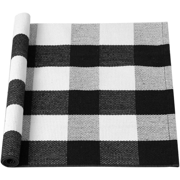 Unique Bargains Cotton Woven Checkered Area Rugs Floor Rug Carpet Mat Black & White 71"x24"