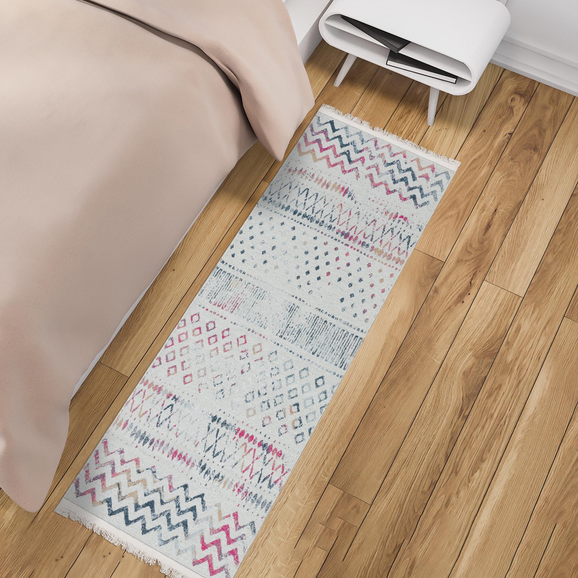 Ottomanson Machine Washable Cotton 2x5 Flatweave Runner Rug for Bedroom, 20" x 59", Off White/Multicolor Moroccan/Boho