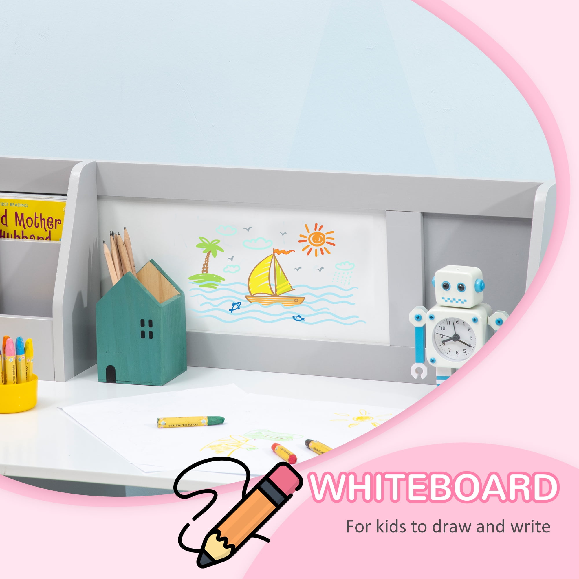 Qaba Toddler Table and Chair Set, with Whiteboard, Kids Writing Desk Homework Table, Gray