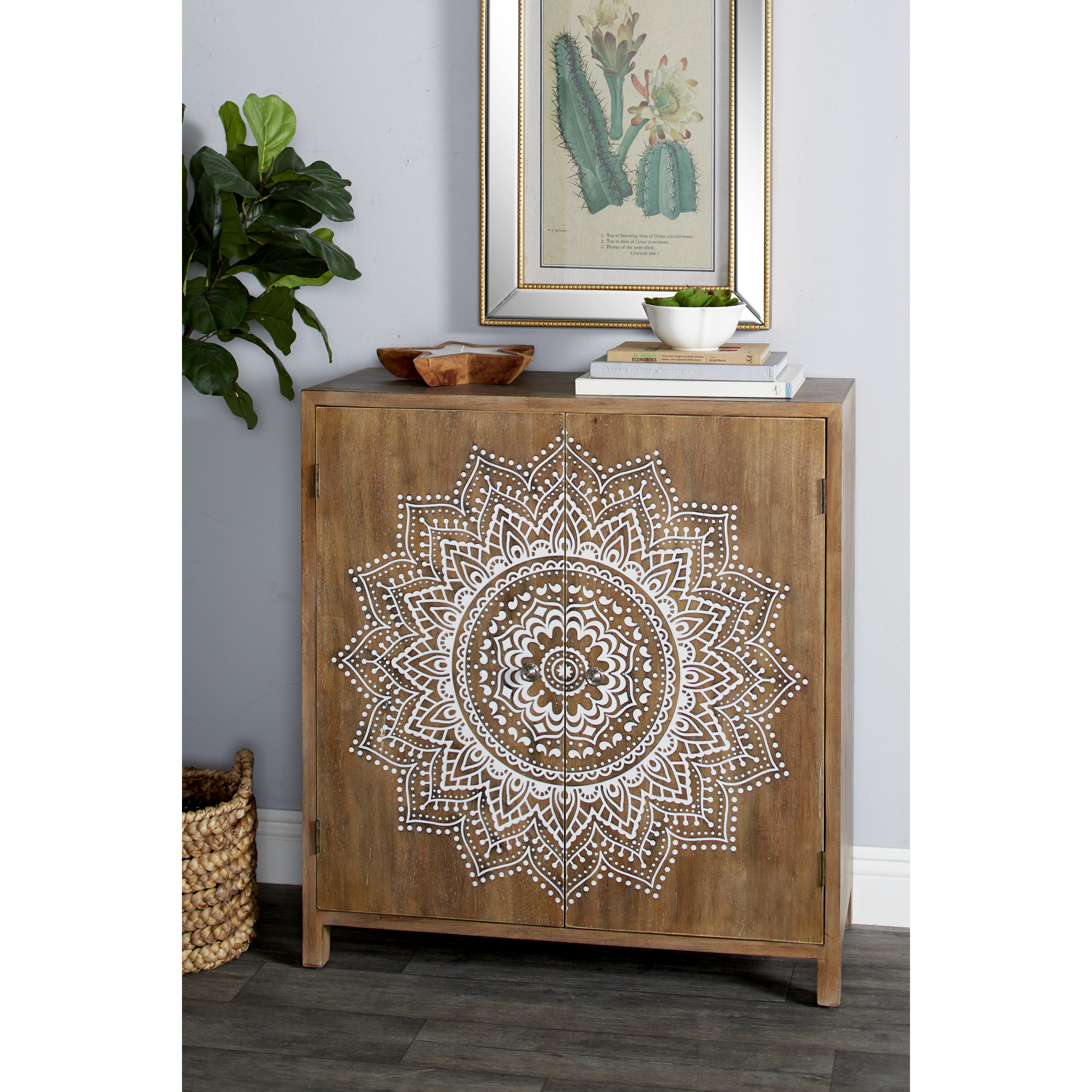DecMode 32" x 36" Brown Wood Intricately Carved 1 Shelf and 2 Doors Floral Cabinet, 1-Piece