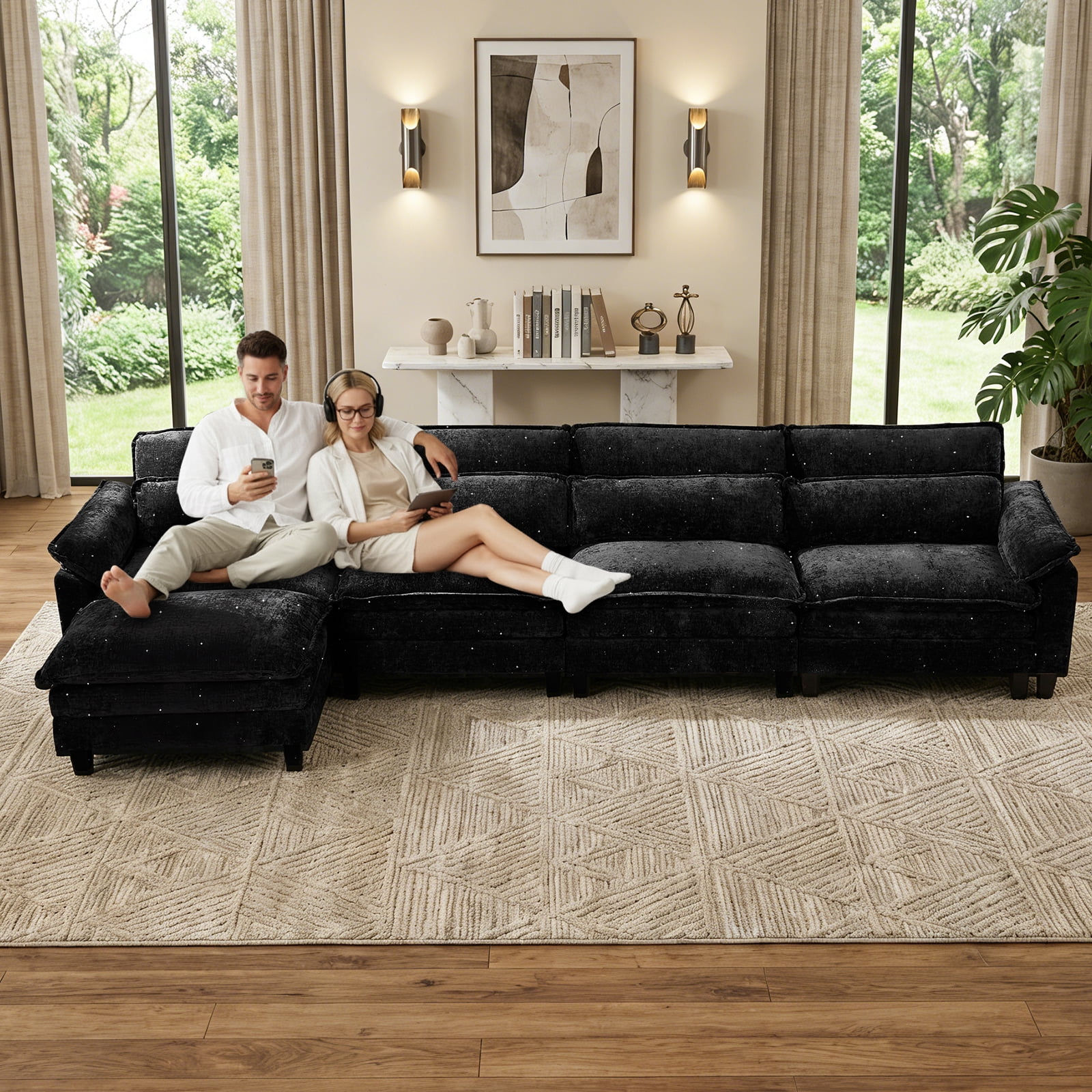 Howcool 148" Modular Sectional Sofa , 4 Seater L-Shaped Cloud Couch with Movable Ottoman, USB Charging Ports & Side Pockets, Sectional couchs for Living Room,Chenille Fabric,Black