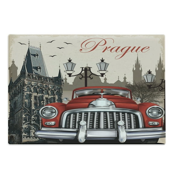 Prague Cutting Board, Gothic Architecture Themed Building with Vermilion Car Retro, Decorative Tempered Glass Cutting and Serving Board, in 3 Sizes, by Ambesonne