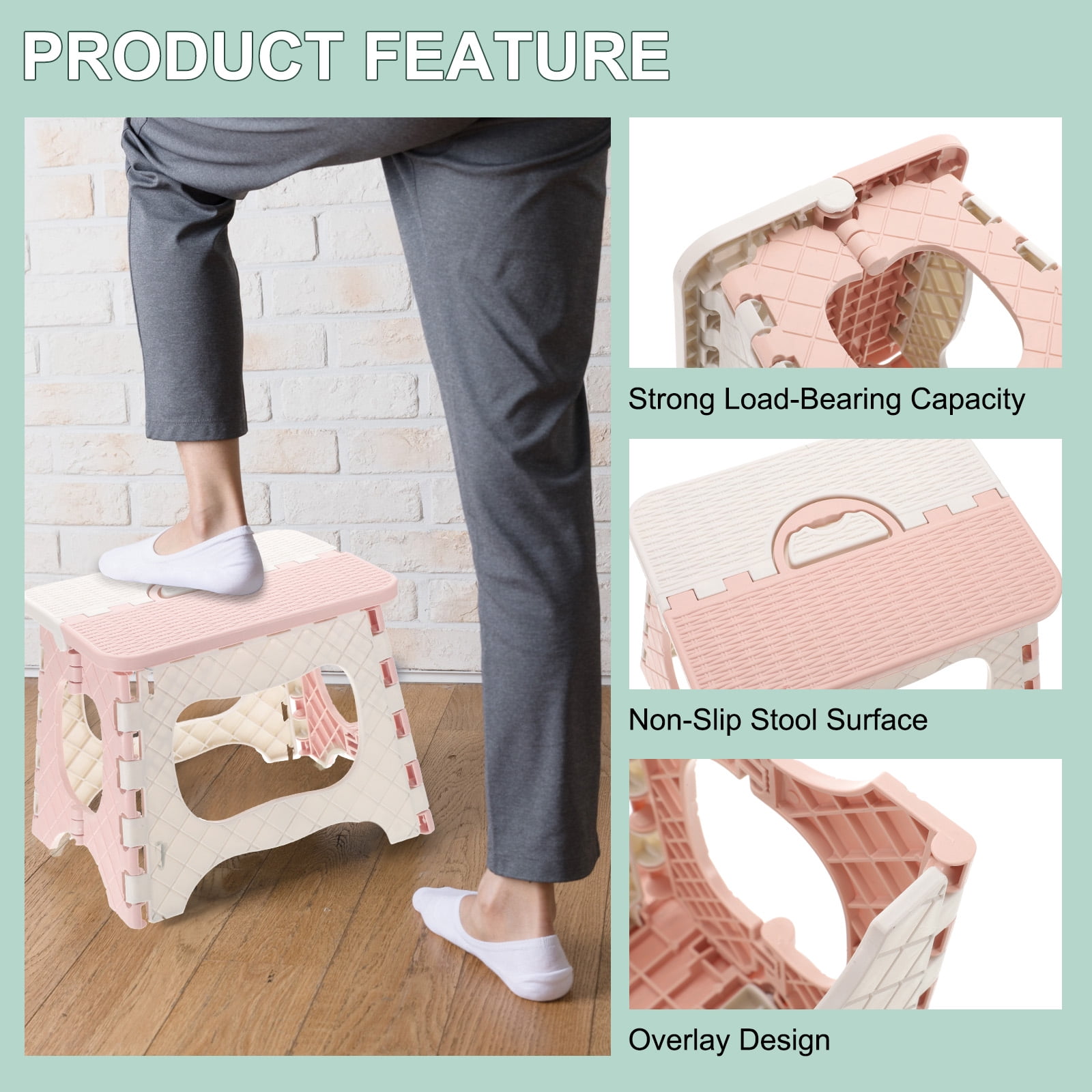 Unique Bargains Folding Step Stool Non-Slip Collapsible Step Stool Pink 165 lbs