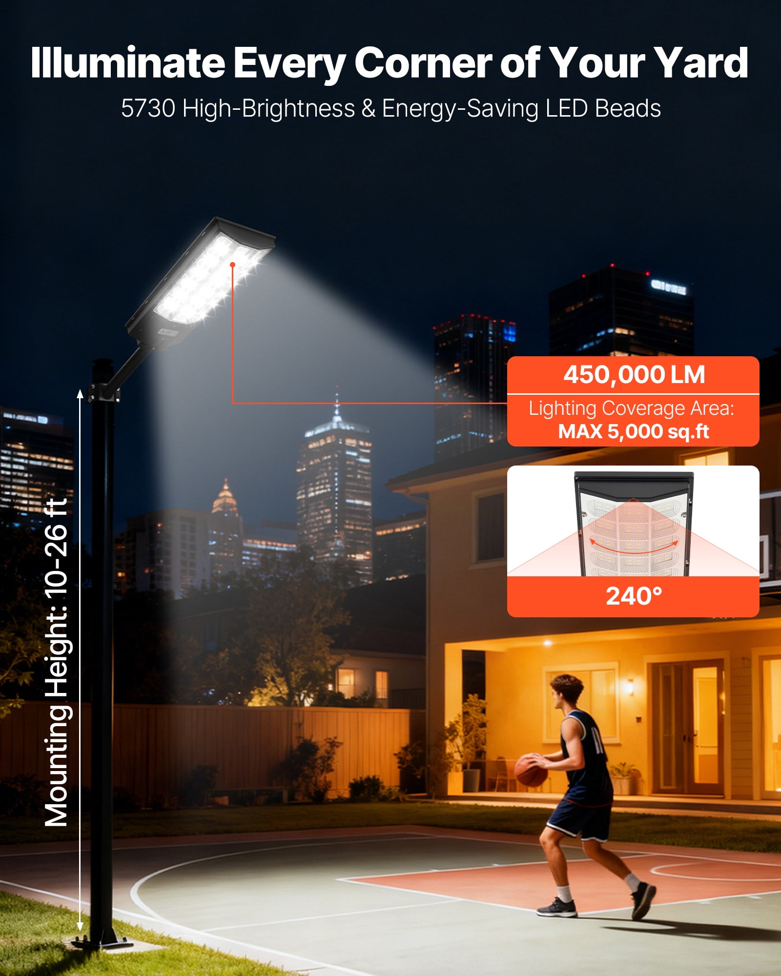 VEVOR 8000W Solar Street Light Outdoor, 450000LM, Commercial Parking Lot Light Dusk to Dawn, LED Flood Security Lamp with Motion Sensor, IP65 Waterproof Outdoor Lighting, for Driveway Yard, 1 Pack
