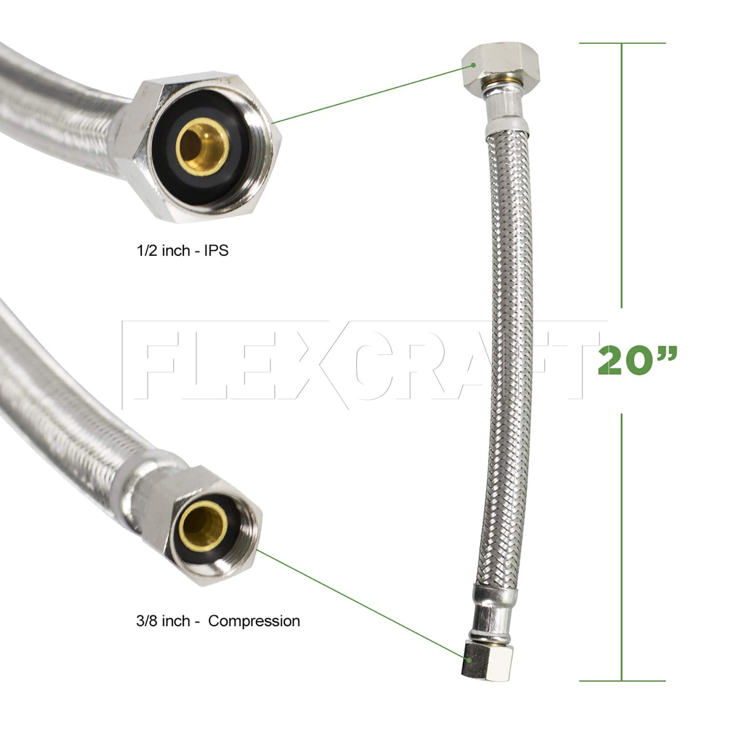 Faucet Connector With 1/2 in. x 3/8 in. Brass Nut, Stainless Steel Faucet Supply Line 20 in. (Pack Of 2)