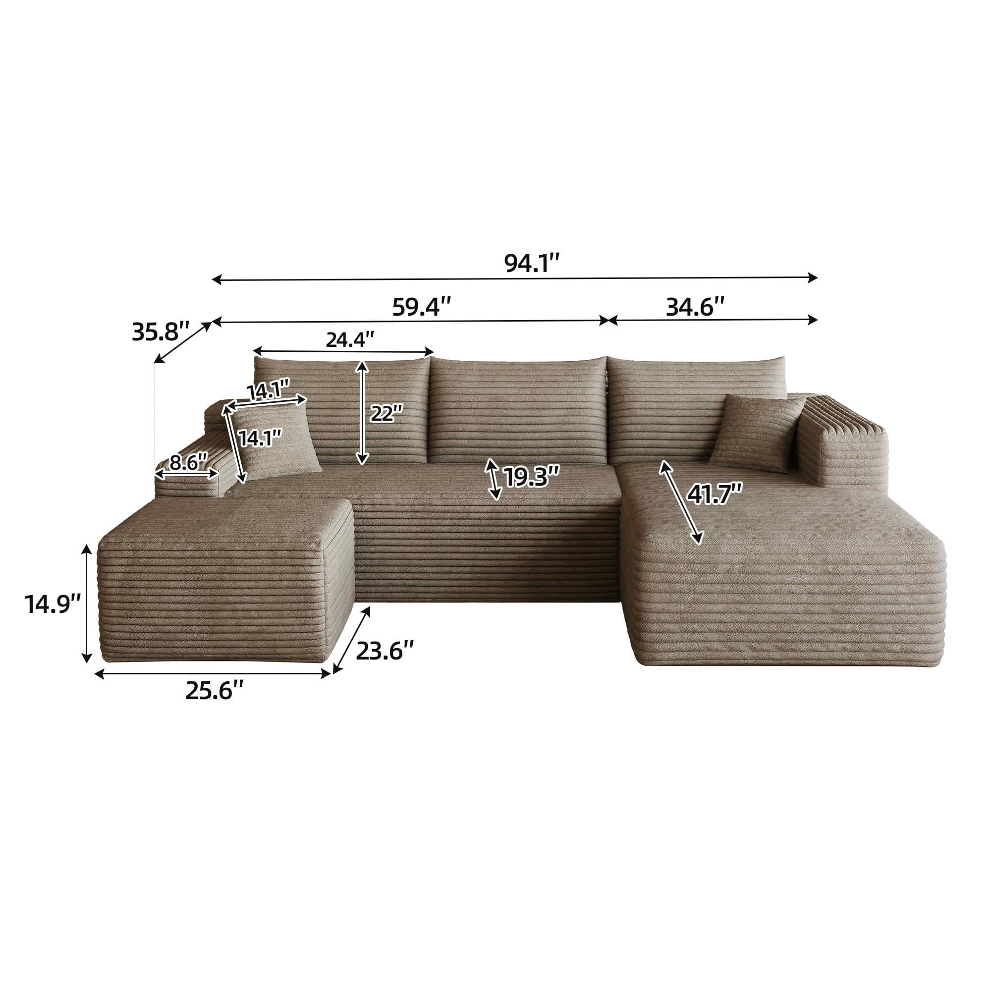 MAYEERTY 95" Cloud Sectional Sofa with Ottoman, U-Shaped Corduroy Deep Seat Couch, No Assembly for Living Room, Brown