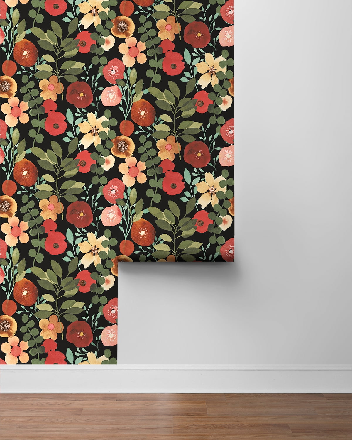 NextWall Jet Black & Ruby Garden Dance Peel and Stick Wallpaper