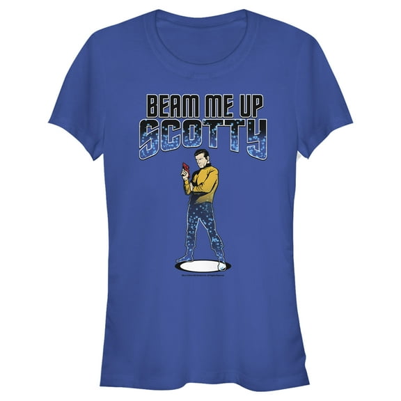 Junior's Star Trek Cartoon Kirk Beam Me Up Scotty Transporter  Graphic Tee Royal Blue Small