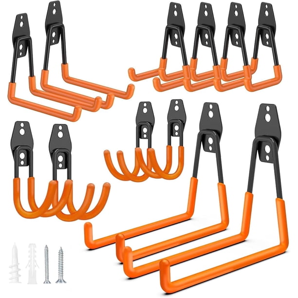 Ganchos de Garaje Organizador Multiusos, 12 Piezas Ganchos de Cochera de Pared con Tornillos, Kit de Soporte para Bicicleta para Herramientas de Jardín, Escaleras y Bicicletas (Naranja)