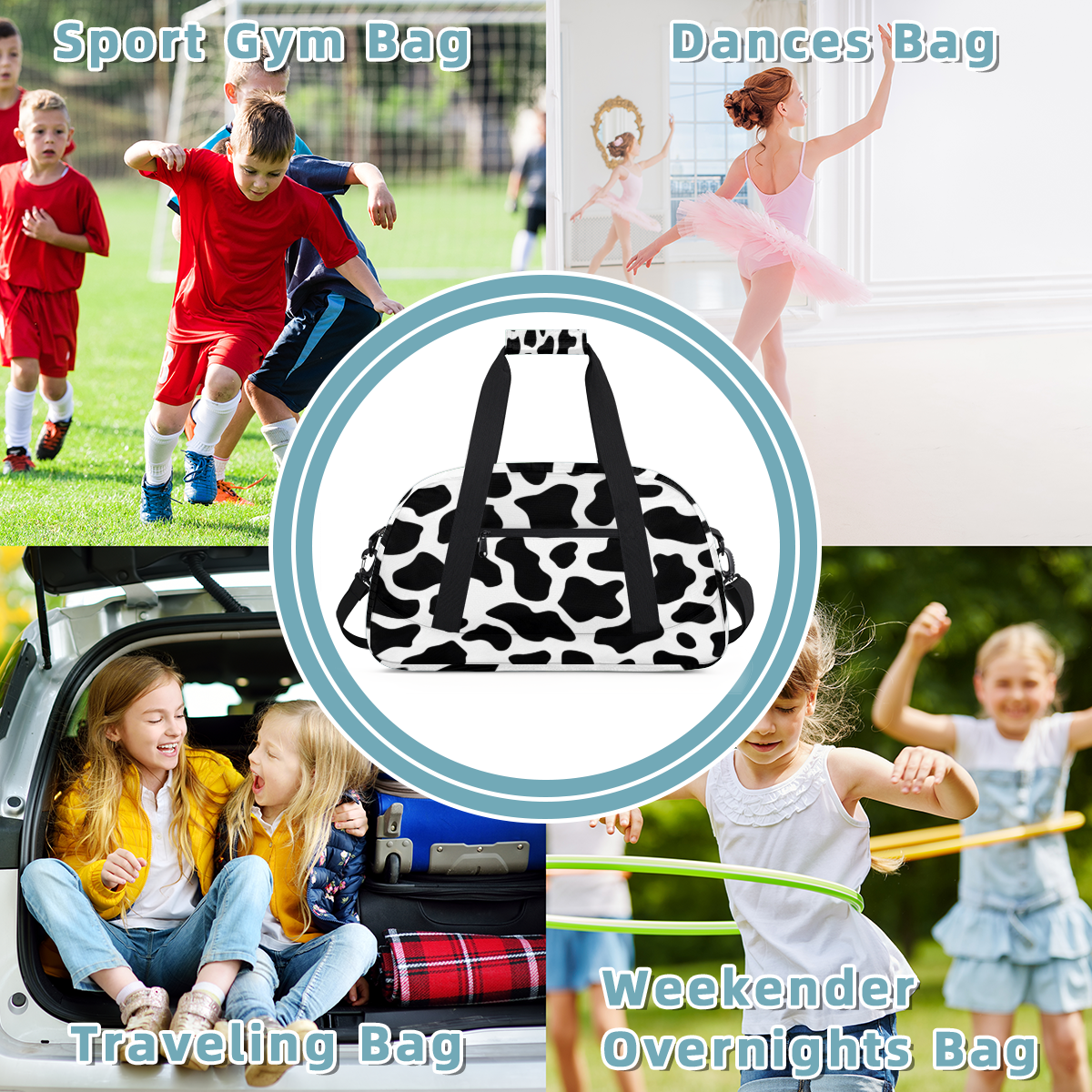 Herdesigns Black White Sports Duffle Bag for Women & Men, Fun Cow Print Farm Animal Gym Bag Dance Bag Overnight Bag Carry On Weekender Travel Bag