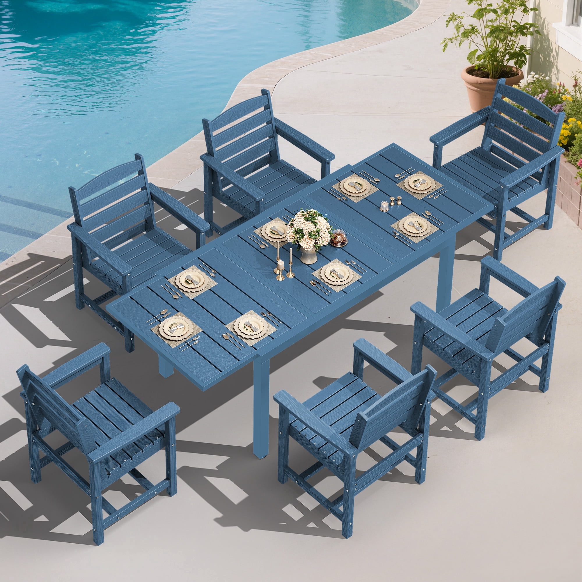 Hanover Morrison 7-Piece Outdoor Costal Dining Set with 6 Aluminum