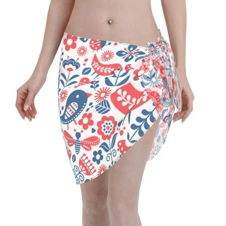 Disketp Birds Flowers Women Swimsuit Cover Up Short Chiffon Summer Beach Sarong Bikini Wrap Skirt Bathing Suit