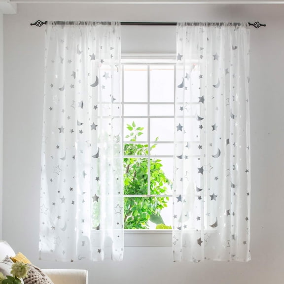 Stars Print Tulle Door Window Curtain Drape Panel Cloth Screen Window Scarf Valances, Bedroom Curtains Rod Pocket Voile Window Treatments for Living Room
