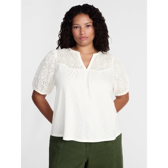 Terra & Sky Women's Plus Eyelet Yoke Top with Short Puff Sleeves, Sizes 0X-5X
