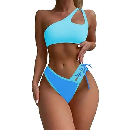 Rigardu Hot Sale!! Women s Bikini Sets One Shoulder High Waisted Two Piece Swimsuit Lace Up High Cut Bathing Suit Women s Round Neck High Waist Bikini Tankini Two Piece Beach Swimsuit Swimsuit Blue L