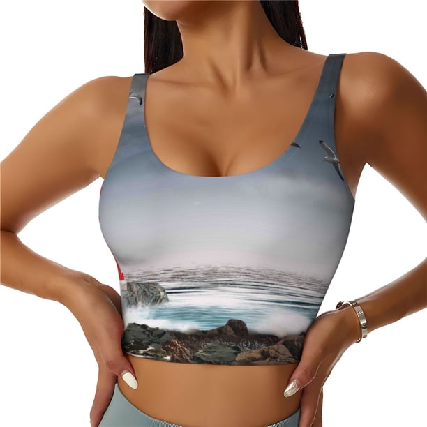 Balery 3d Lighthouse in the Surf Sujetadores deportivos con espalda cruzada para mujer, acolchados, sin costuras, de alto impacto, ideales para yoga, gimnasio, entrenamiento y fitness.-Small