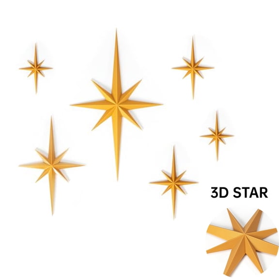 Set of 6 Gold Mid-Century Modern Star Wall Decor - 3D Starburst Wall Sculptures, Retro Atomic Era Home Accents, Lightweight Plastic Celestial Star Art for Living Room, Bedroom & Home Office