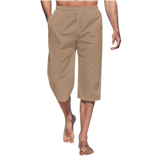 Plebaso Mens Capri Pants Summer Lightweight Casual 3/4 Shorts Drawstring Beach Capris Loose Lounge Shorts