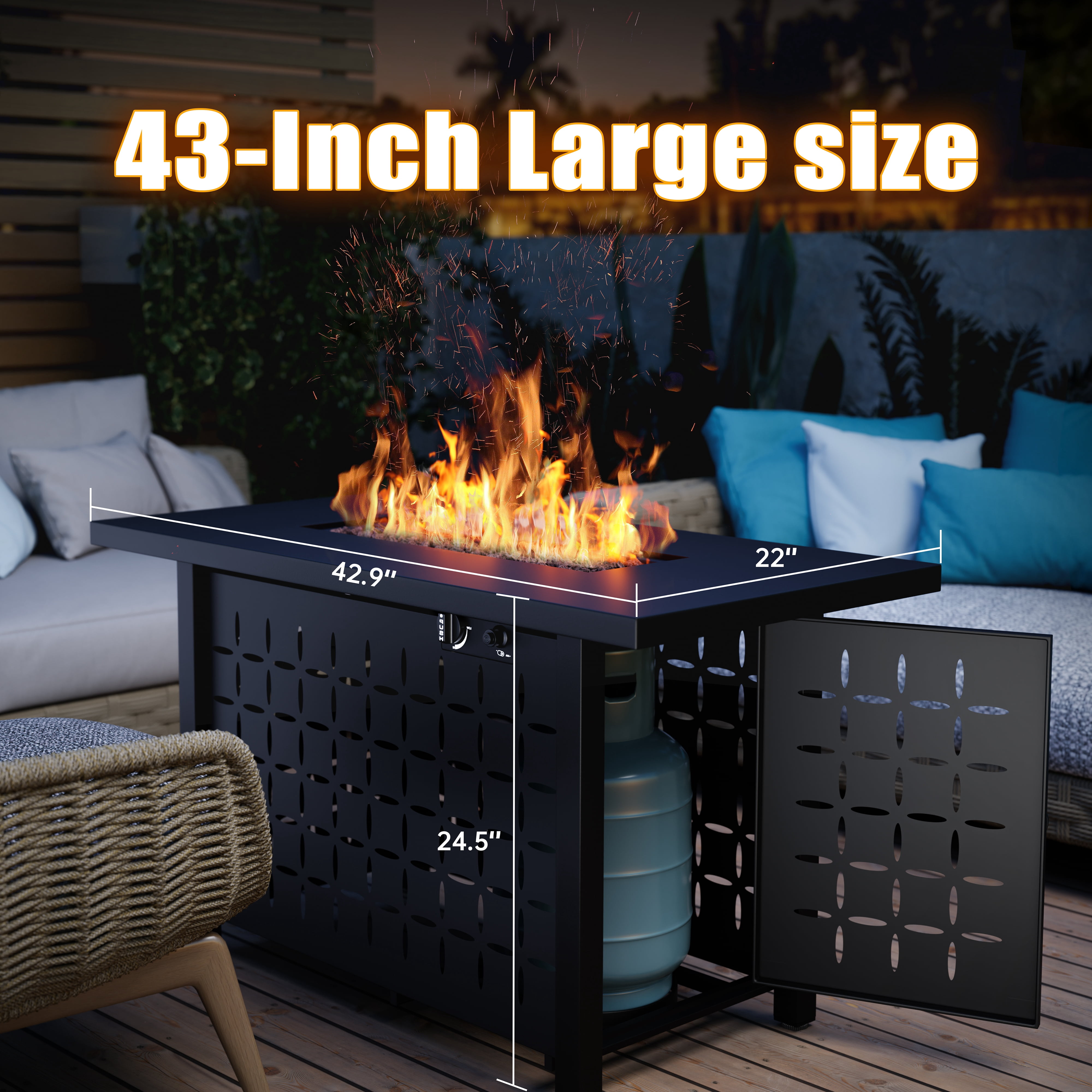 Walsunny 43 inch Gas Fire Pit Table 50,000 BTU Outdoor Rectangular Propane Firepit Table with Waterproof Cover
