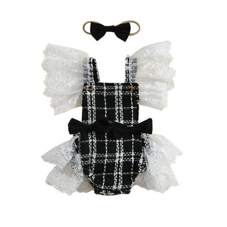 

Calsunbaby Infant Baby Girls Summer Romper Lace Spliced Fly Sleeve Plaid Print Bowknot Skirt Hem Backless Jumpsuits Bodysuits with Headband