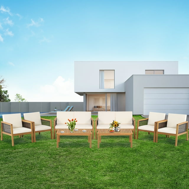 Gymax 8PCS Patio Acacia Wood Furniture Set PE Rattan Conversation Set w/ Off White Cushions