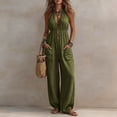 thumbnail image 2 of Tqcoqu Women's Halter Deep V Neck Rompers,Elastic Waist Wide Leg Linen Blend Jumpsuit with Pockets,Army Green Women's S-XXXL, 2 of 8
