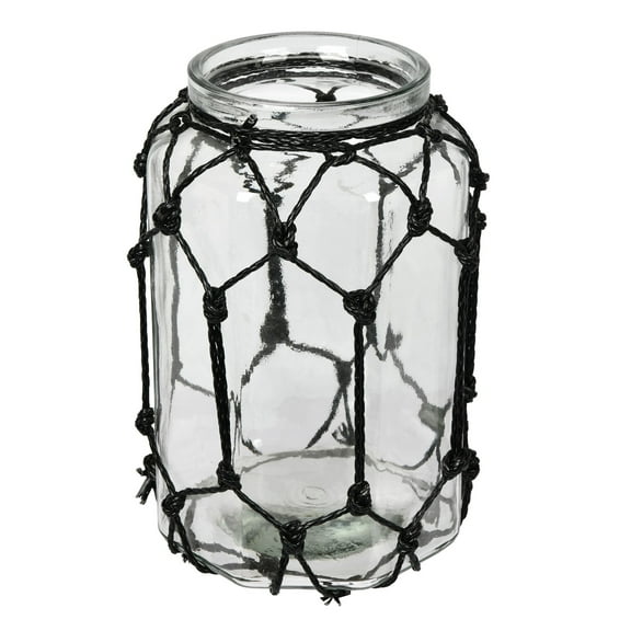 Vickerman 10.3" Glass Jar with Black Rope. This glass jar measures about 10 inches tall and 6.5 inches wide. The jar is accented with black rope tied in a diamond pattern. This jar can stand on its ow