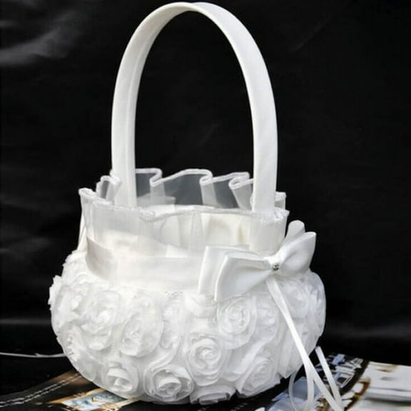 HEVIRGO Flower Girl Basket,Romantic Rose Love Bowknot Satin Wedding Ceremony Party Flower Girl Basket