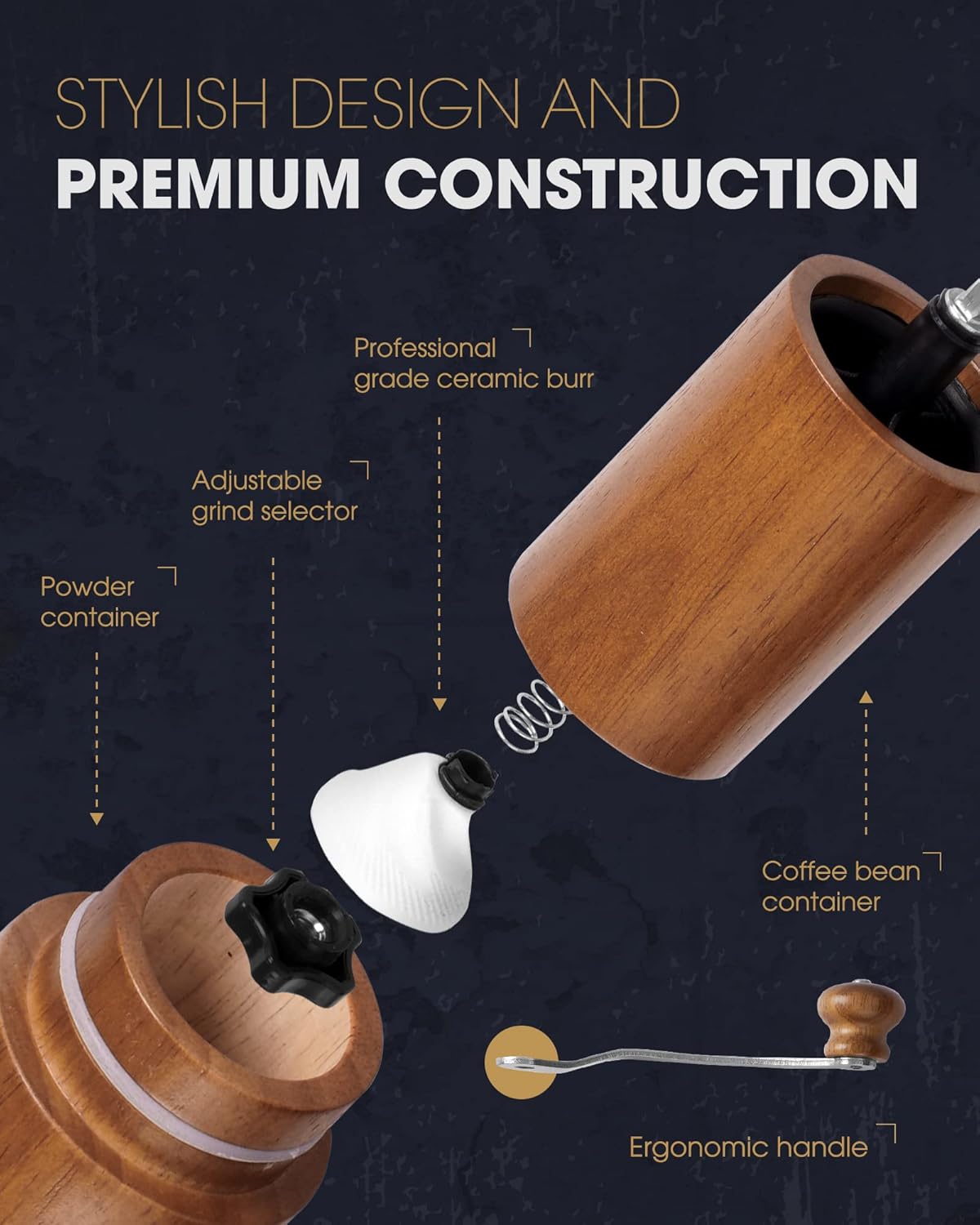 Manual Coffee Grinder, Coffee Bean Grinder with Adjustable Ceramic Burr, Vintage Style Wooden Hand Coffee Grinder, Portable Burr Coffee Grinder with Brush and Spoon （JX2022-CG10）